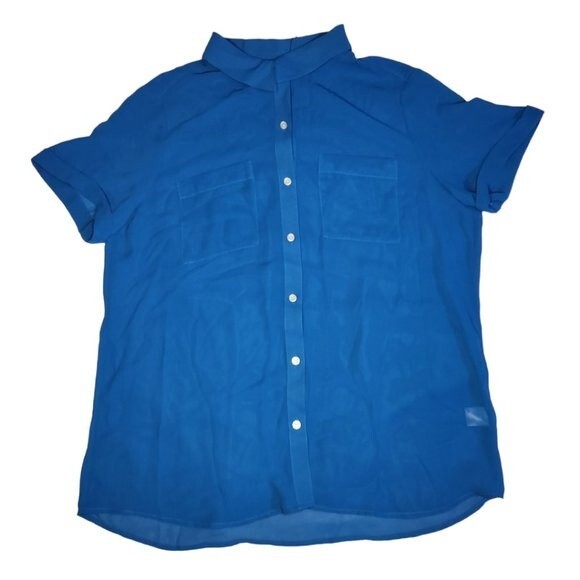 Halogen blue button front sheer collared top sz L - Picture 1 of 11